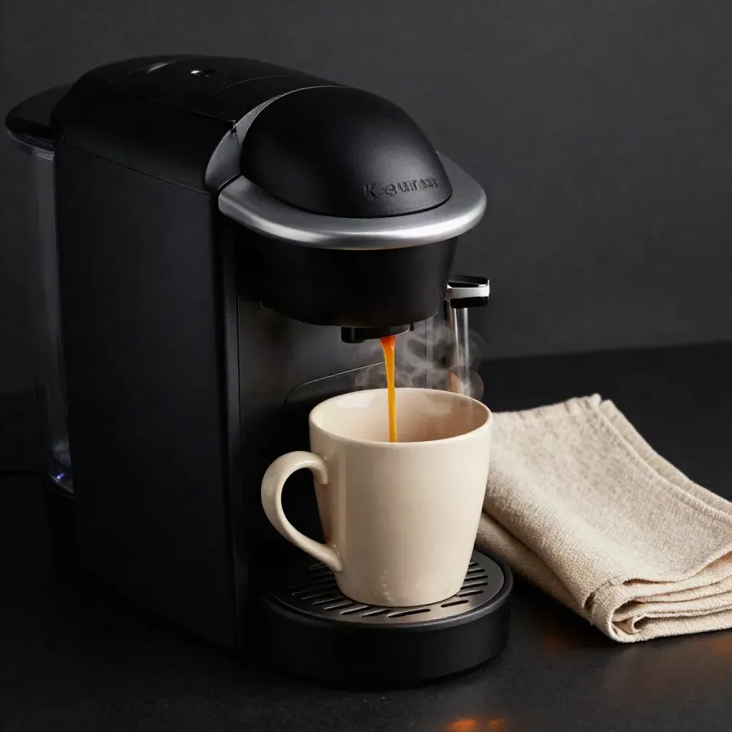 Coffee maker pours into a mug with steam on a dark studio plinth.