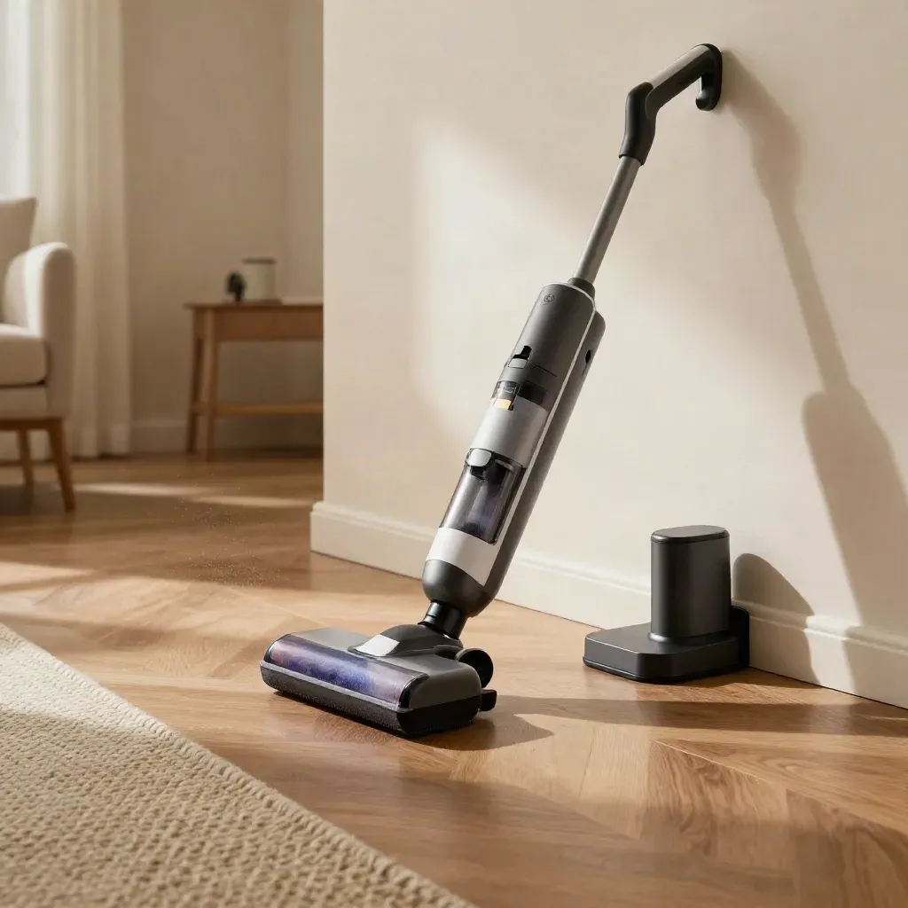 Vacuum sweeping beside a rug edge and chair leg in a bright living room