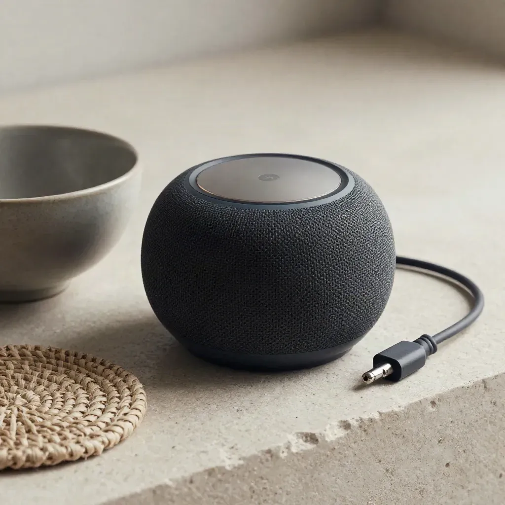 Smart speaker beside bowl, linen coaster and cord on pale stone in soft daylight.