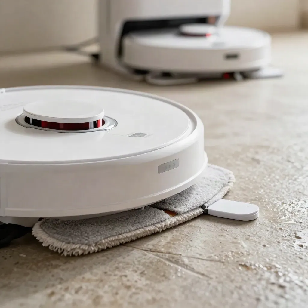 Robot vacuum-mop pivoting on damp stone tile with dock and spare pad behind.