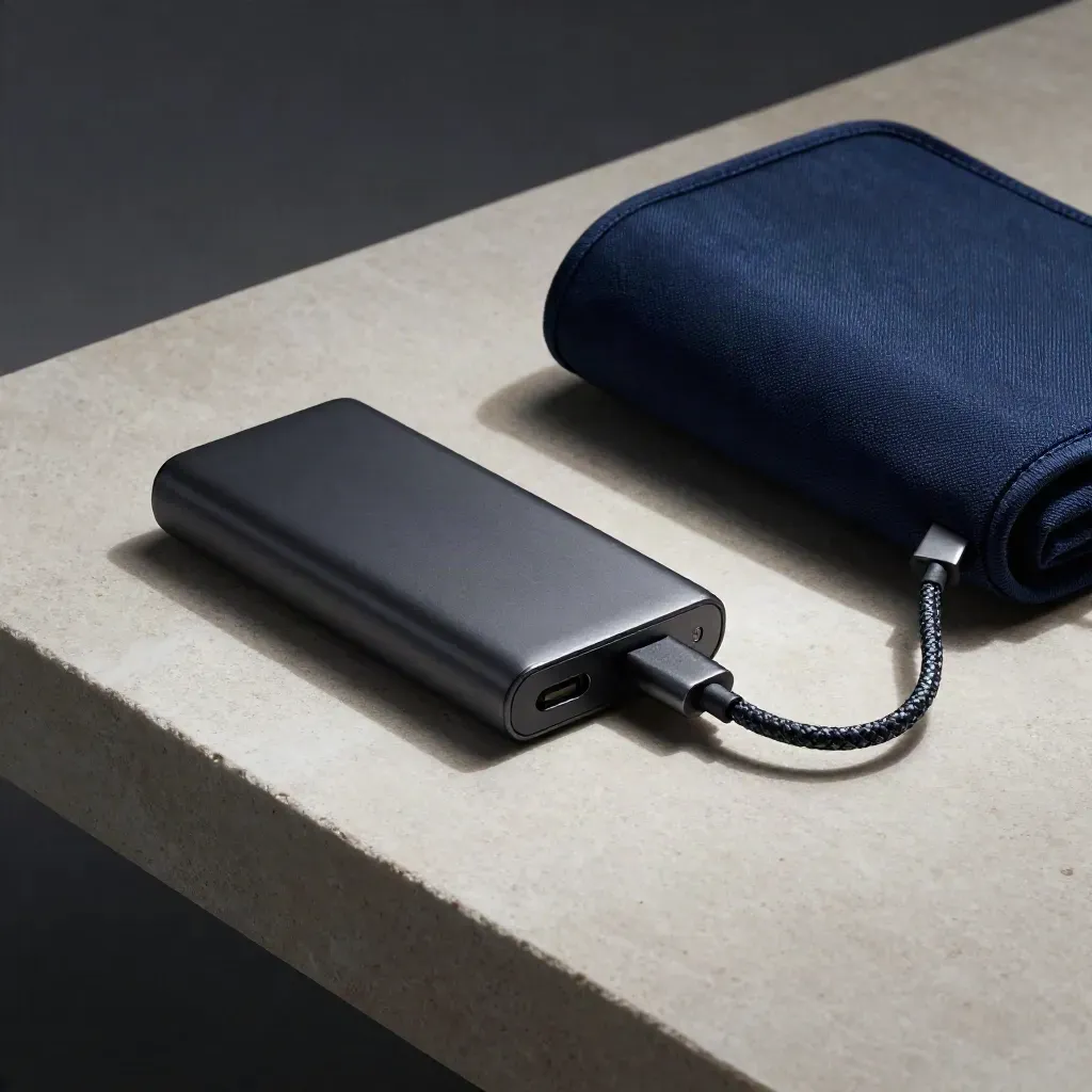 Matte-black power bank with braided cable and travel pouch on pale stone under dramatic studio light