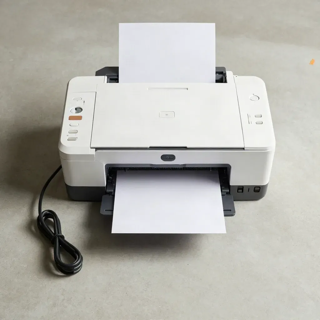 Top-down flatlay of a compact home printer with paper stack, supply box, and power cord on pale concrete.