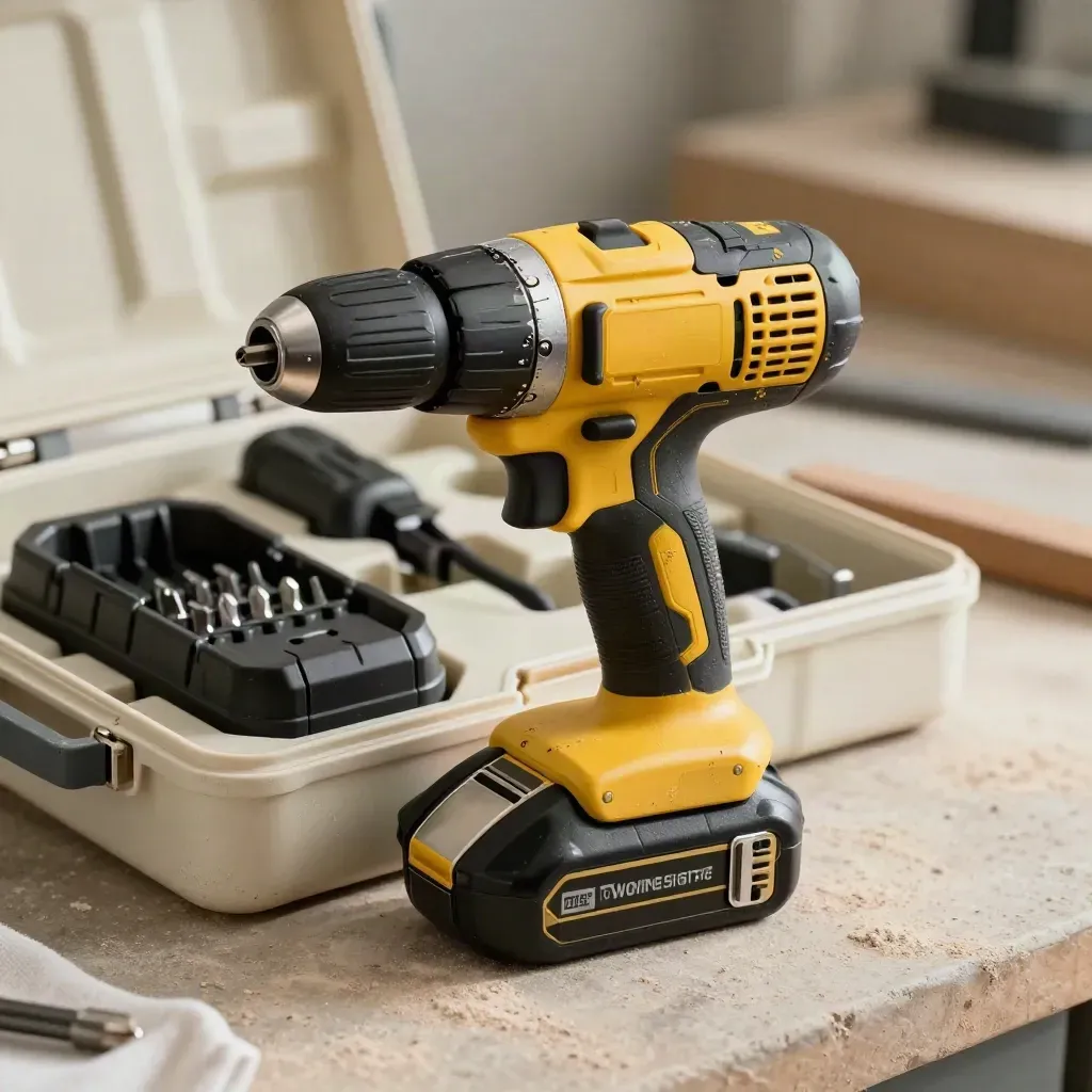 Macro close-up of a cordless drill kit, batteries and bits fanned across an open case.