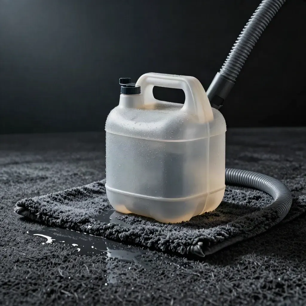 Dramatic studio shot of a spot cleaner with hose and damp swatch on carpet, glinting under cool rim light.