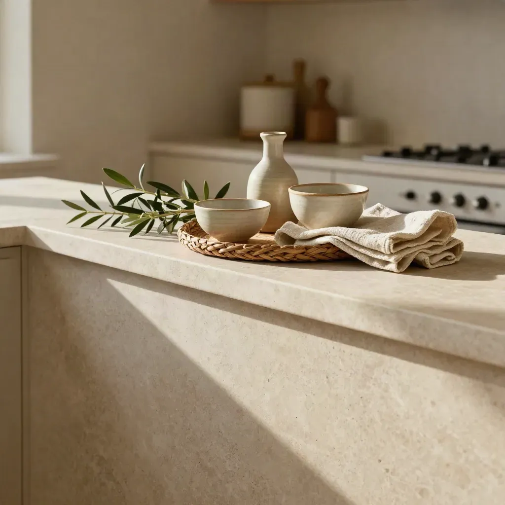 Pale-limestone kitchen ledge with olive branches, stoneware, woven tray, and calm copy space