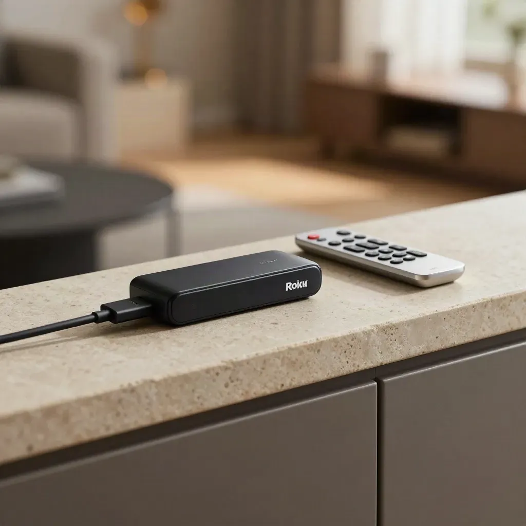 Roku streaming stick, remote, and HDMI cable on a stone shelf in warm living-room light