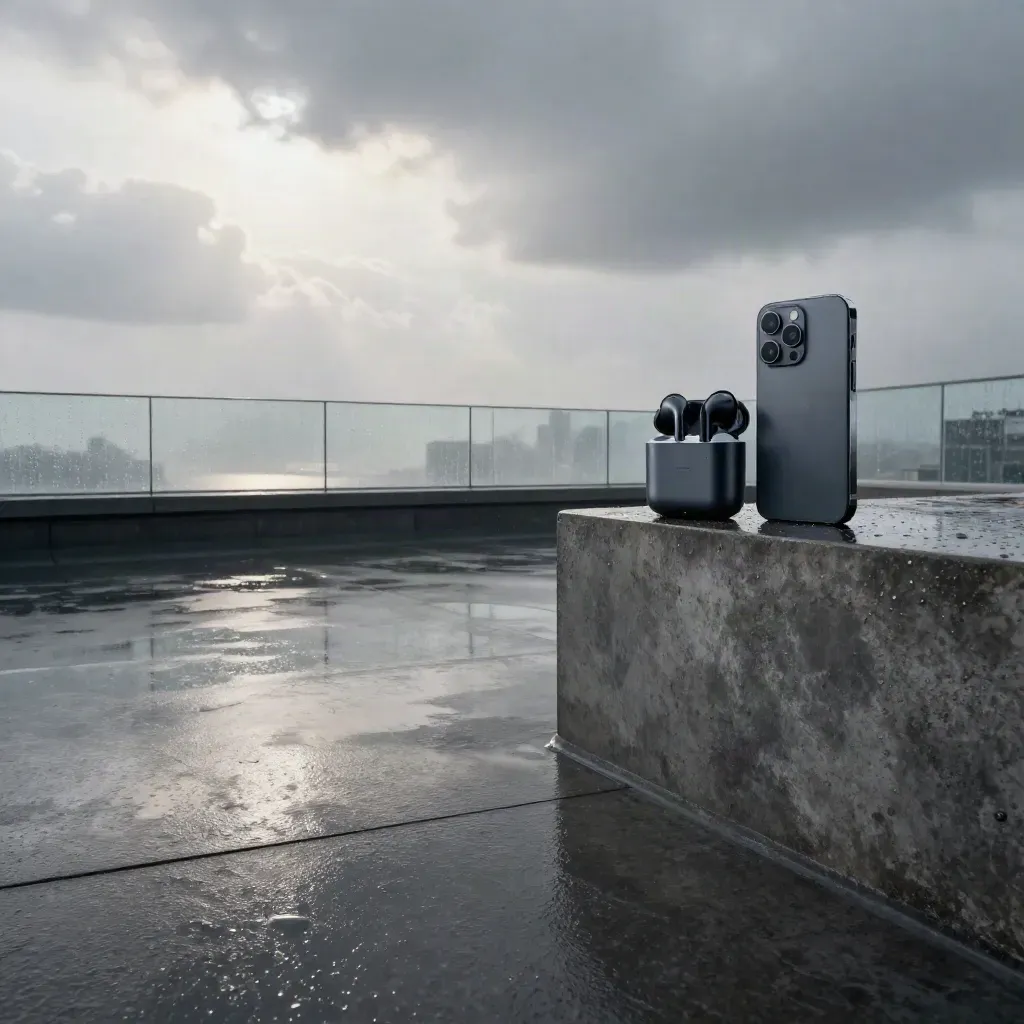 Rain-slick rooftop terrace with tech gadgets, misty skyline, and cool daylight.