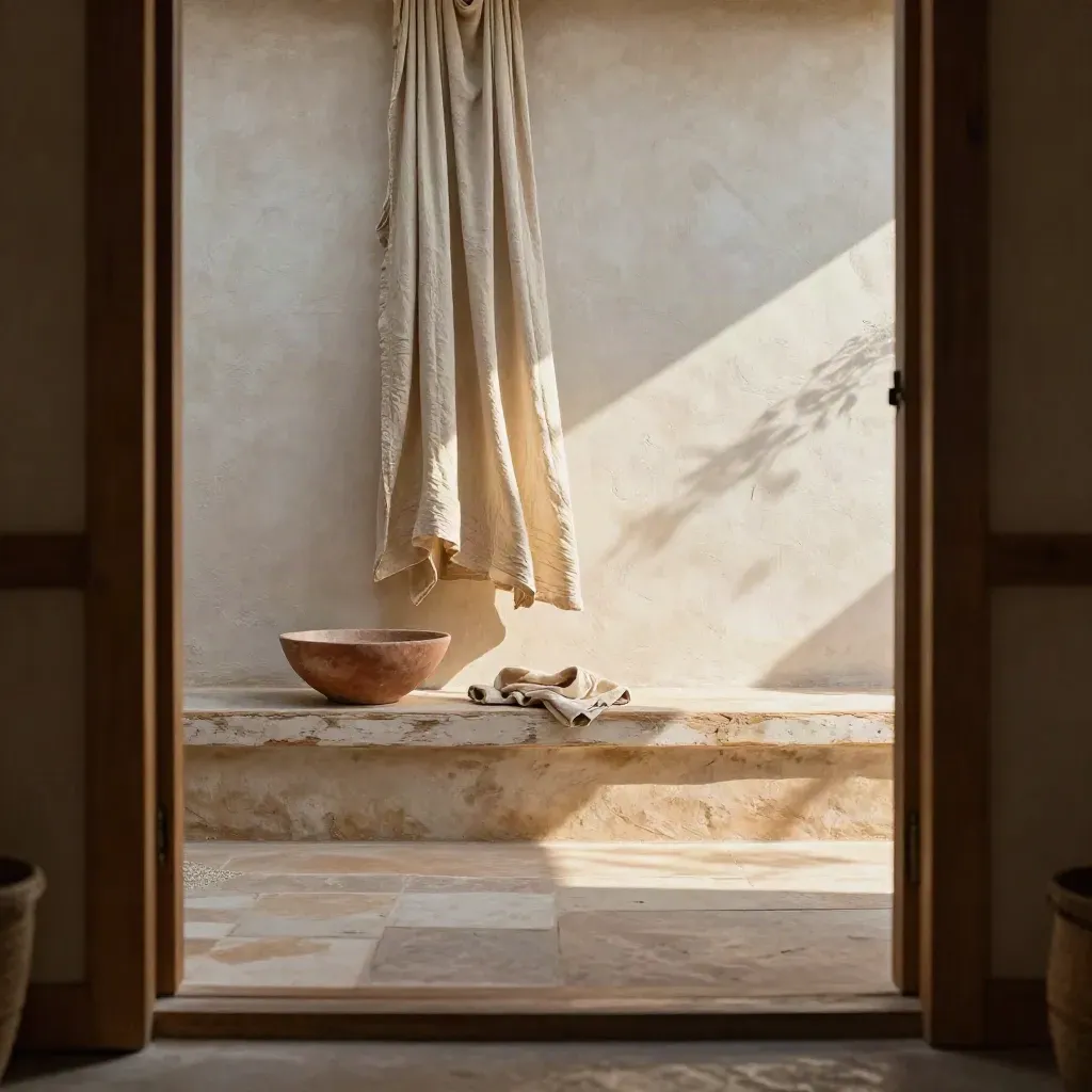Sunlit cedar courtyard with plaster wall, linen drape, stone bowl and calm copy space.