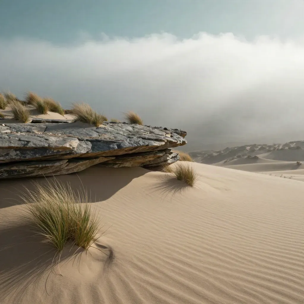 Sandstone overlook with alpine grass and a low cloud mass over a calm stone shelf.
