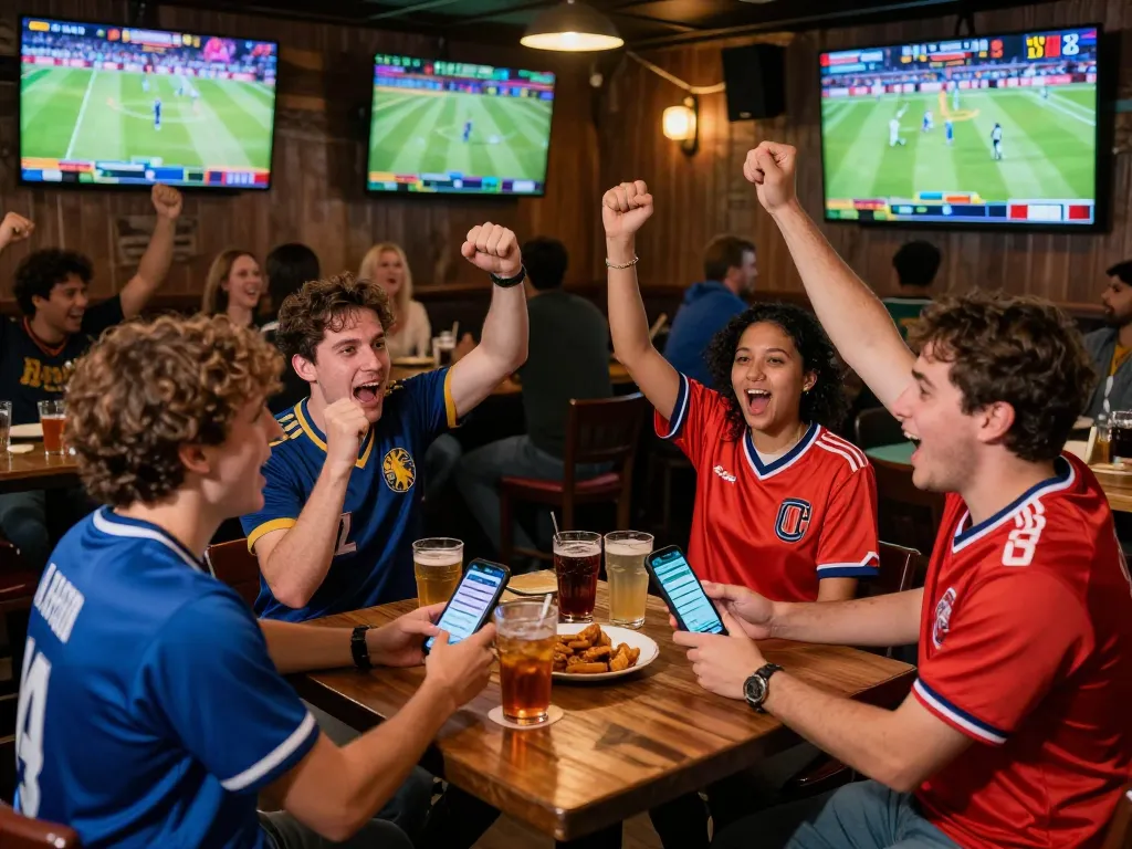 Taruhan olahraga yang menarik di bar yang ramai, penggemar berinteraksi dengan paris888 di smartphone mereka.