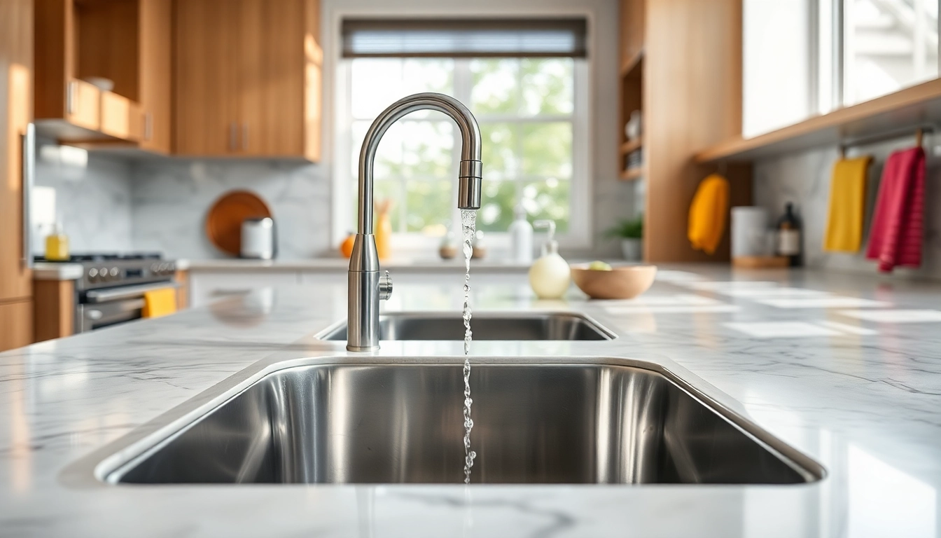 Elegant kitchen sink in stainless steel with flowing water, enhancing modern kitchen aesthetics.