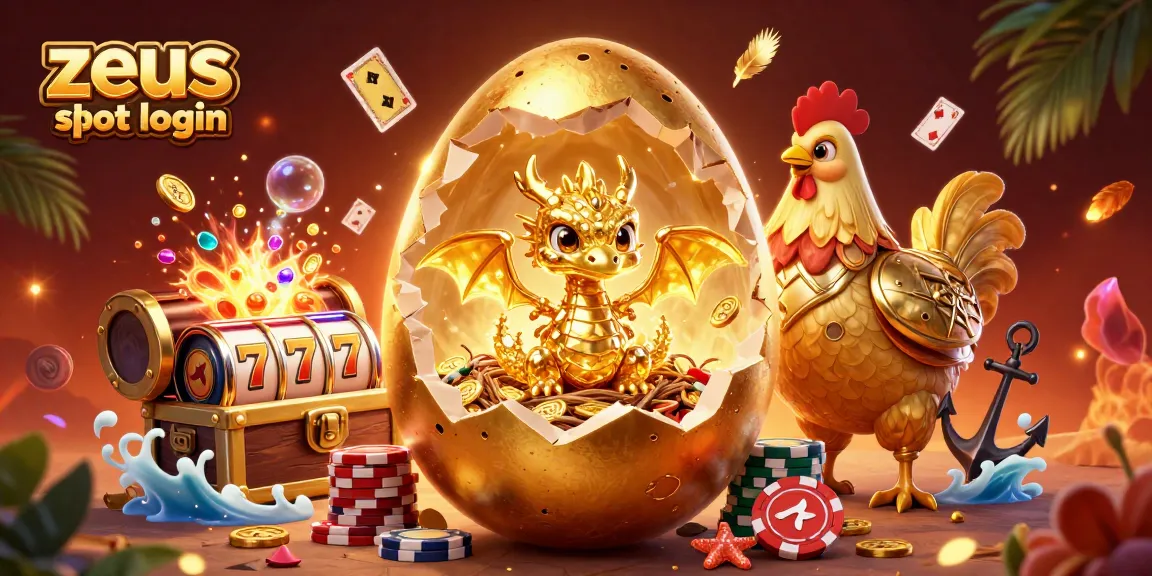 Spin to win with zeus slot login featuring golden egg, dragon and casino elements!