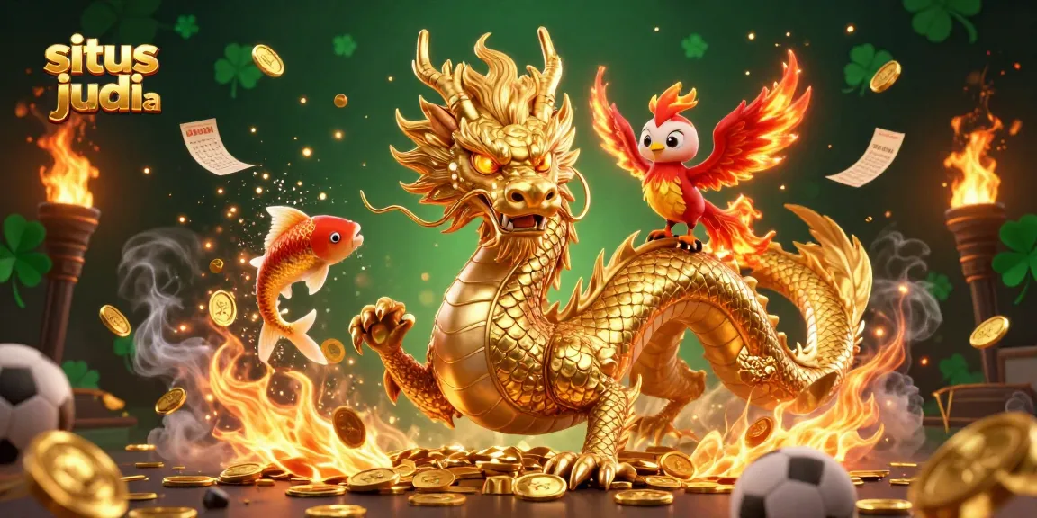 Engage with situs judi bola featuring a dynamic scene of a golden dragon, phoenix, and koi fish amid betting elements and fiery effects.