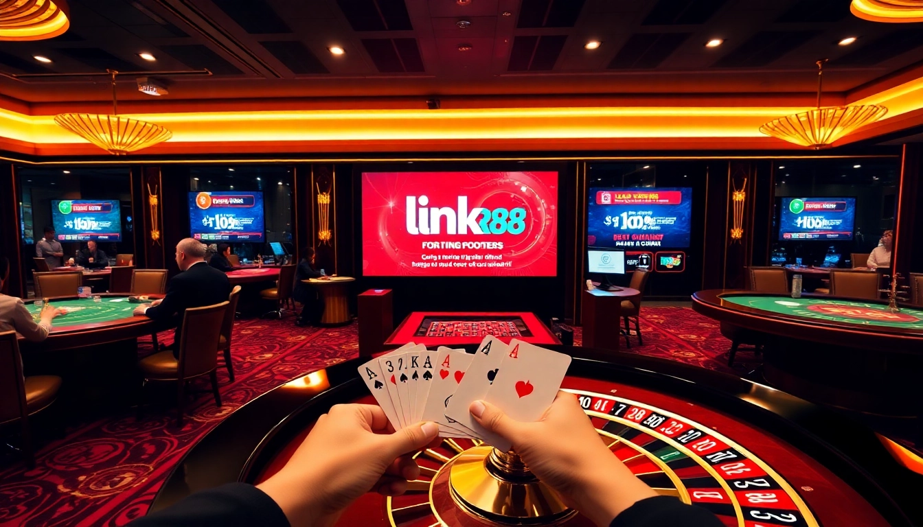 Link rr88 promo displayed in a luxurious casino filled with excited players at gaming tables.