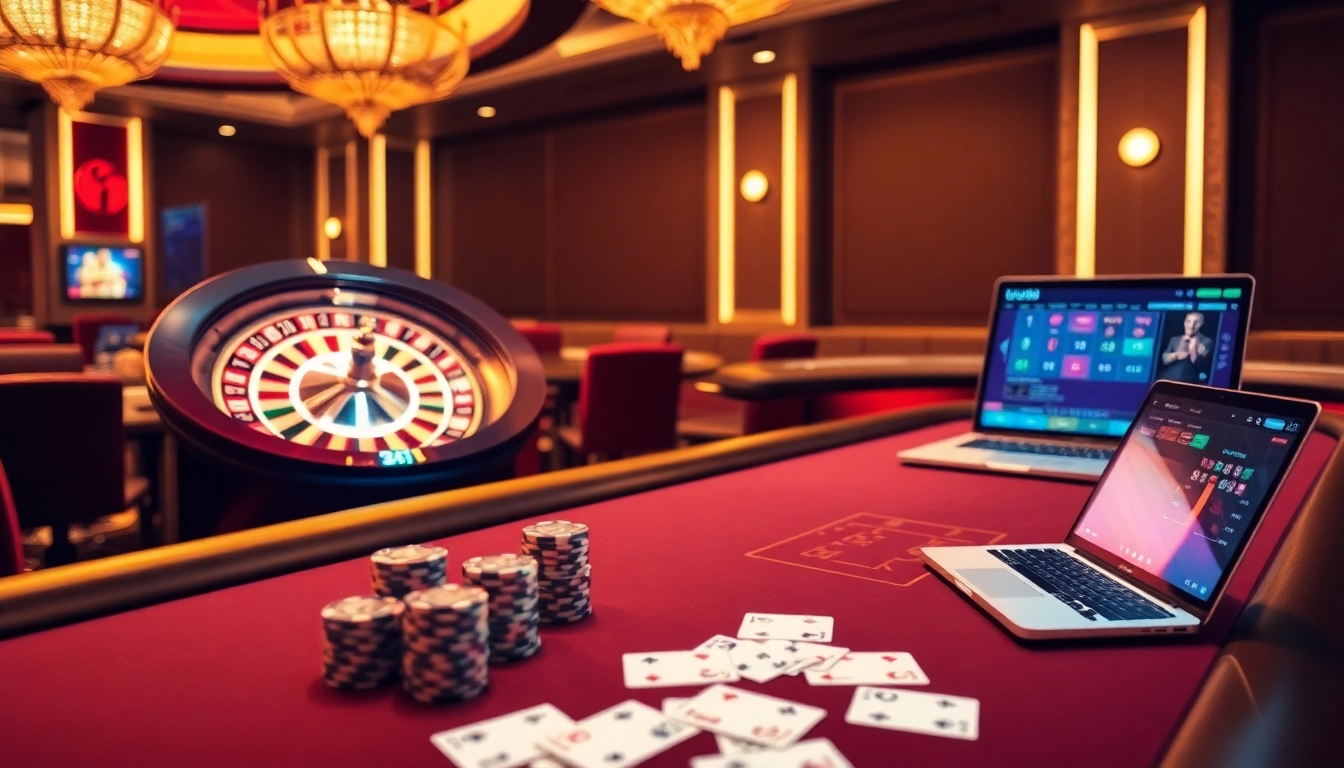 U888 online casino with a luxurious roulette wheel, vibrant slot machine, and professional gaming setup.