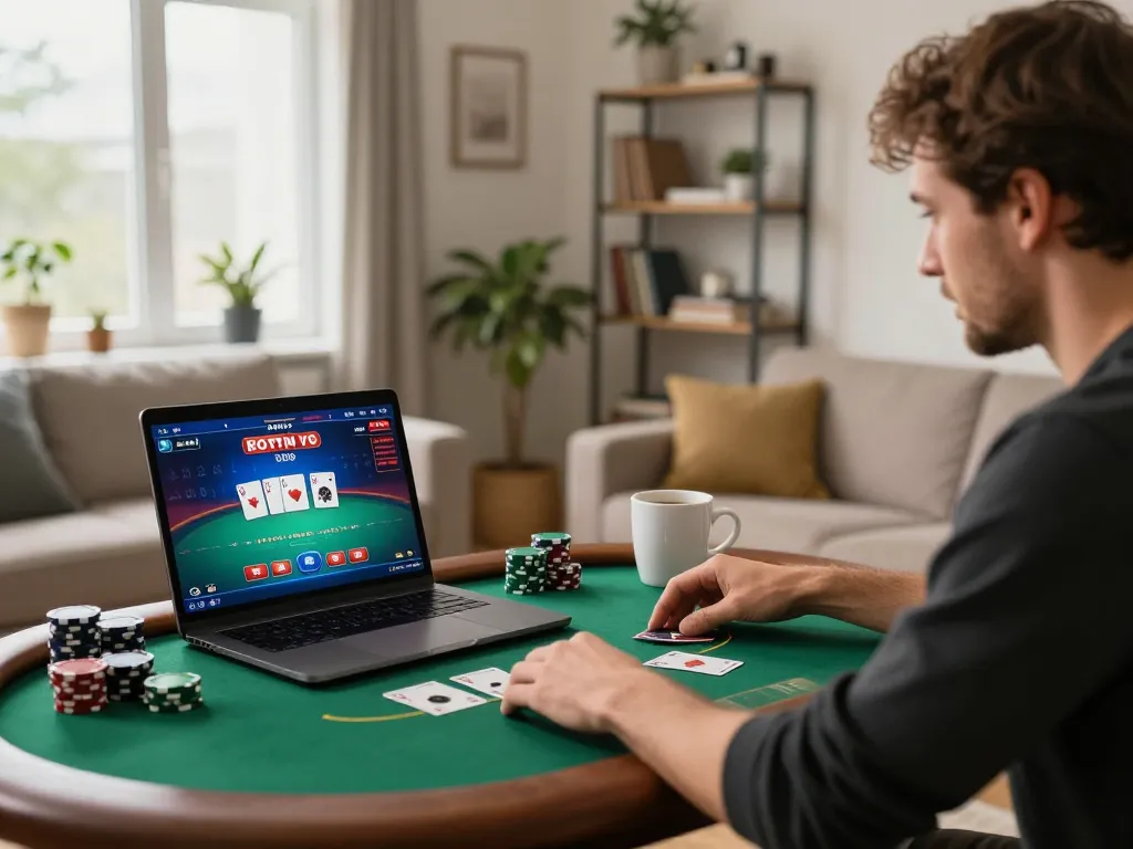 Player strategizing their moves on w 88 online poker, embracing a cozy gaming atmosphere at home