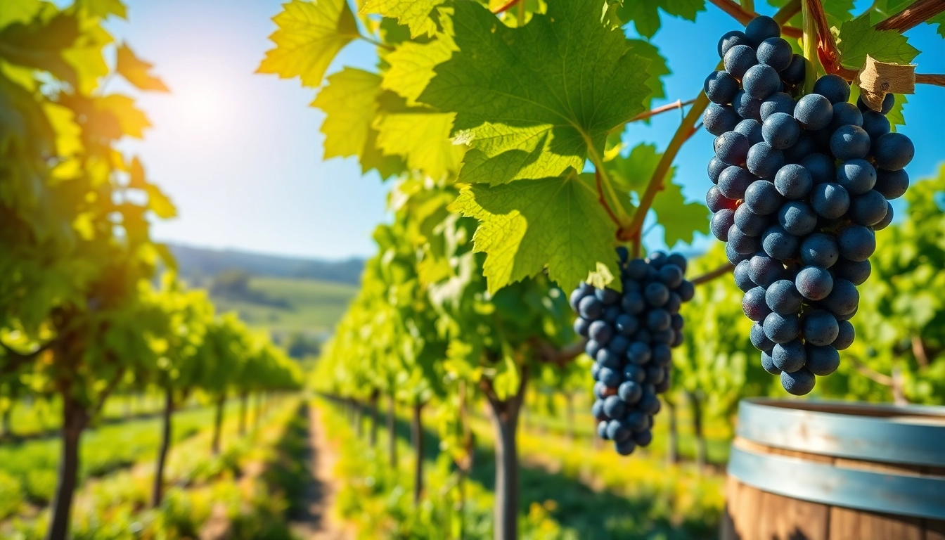 Visit Clarksburg CA wineries featuring vibrant vineyards and fresh grapes in bright natural light.