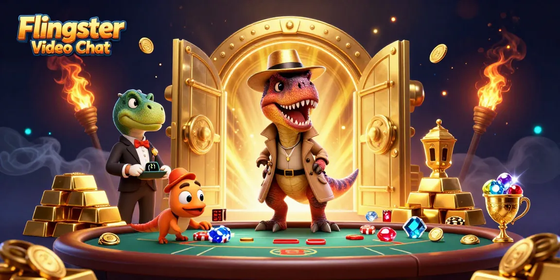 Engage in Flingster Video Chat with real-time interactions amidst a vibrant casino scene featuring animated characters.