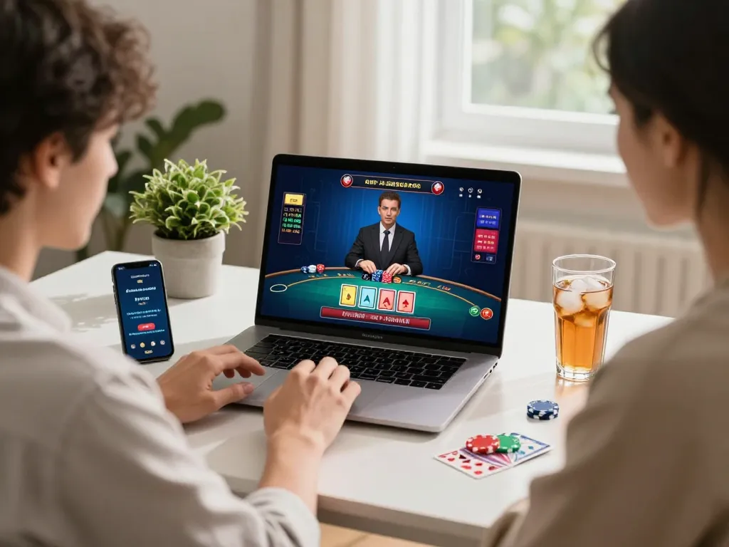 Engaging online baccarat game with a player at a laptop, showcasing the excitement of 바카라사이트 in a stylish home office.