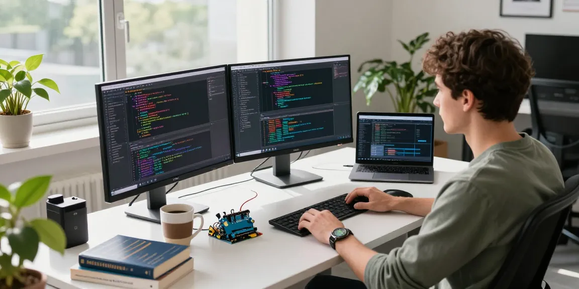 Developer using index constituent stocks API in a modern workspace, showcasing real-time financial data processing.