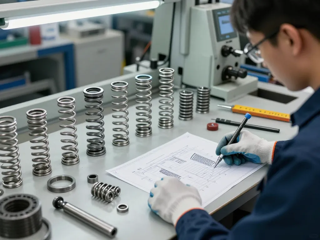 Tehnician examinând arcuri inox într-un atelier industrial bine iluminat