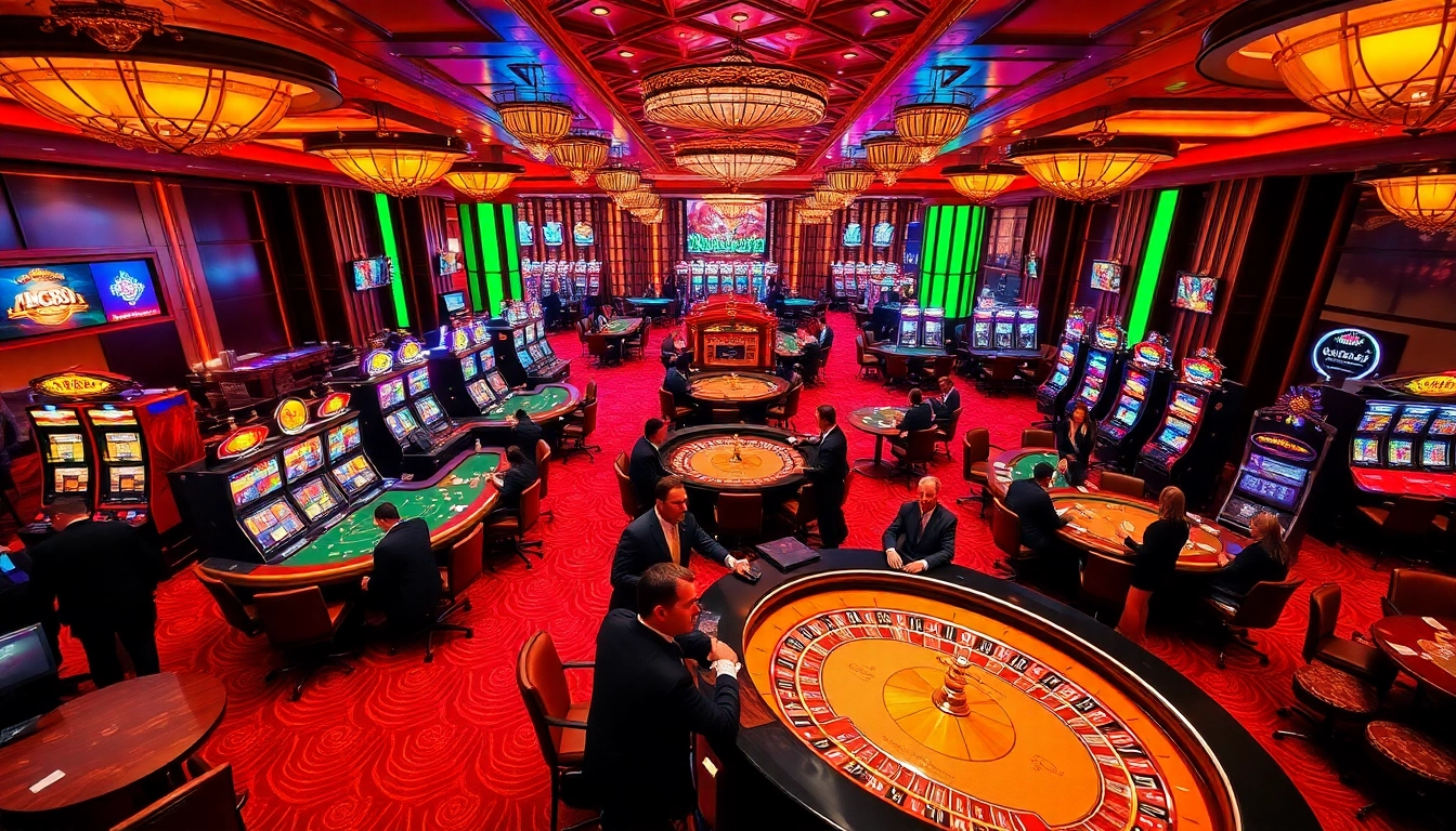 Exciting NK88 casino scene showcasing roulette and poker games in a vibrant, luxurious setting.