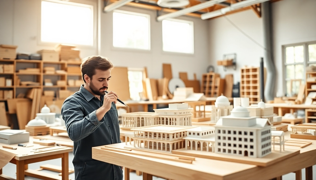 Architekturmodellbau Münster: Detaillierte Modellwerkstatt mit Handwerker und kreativen Materialien.