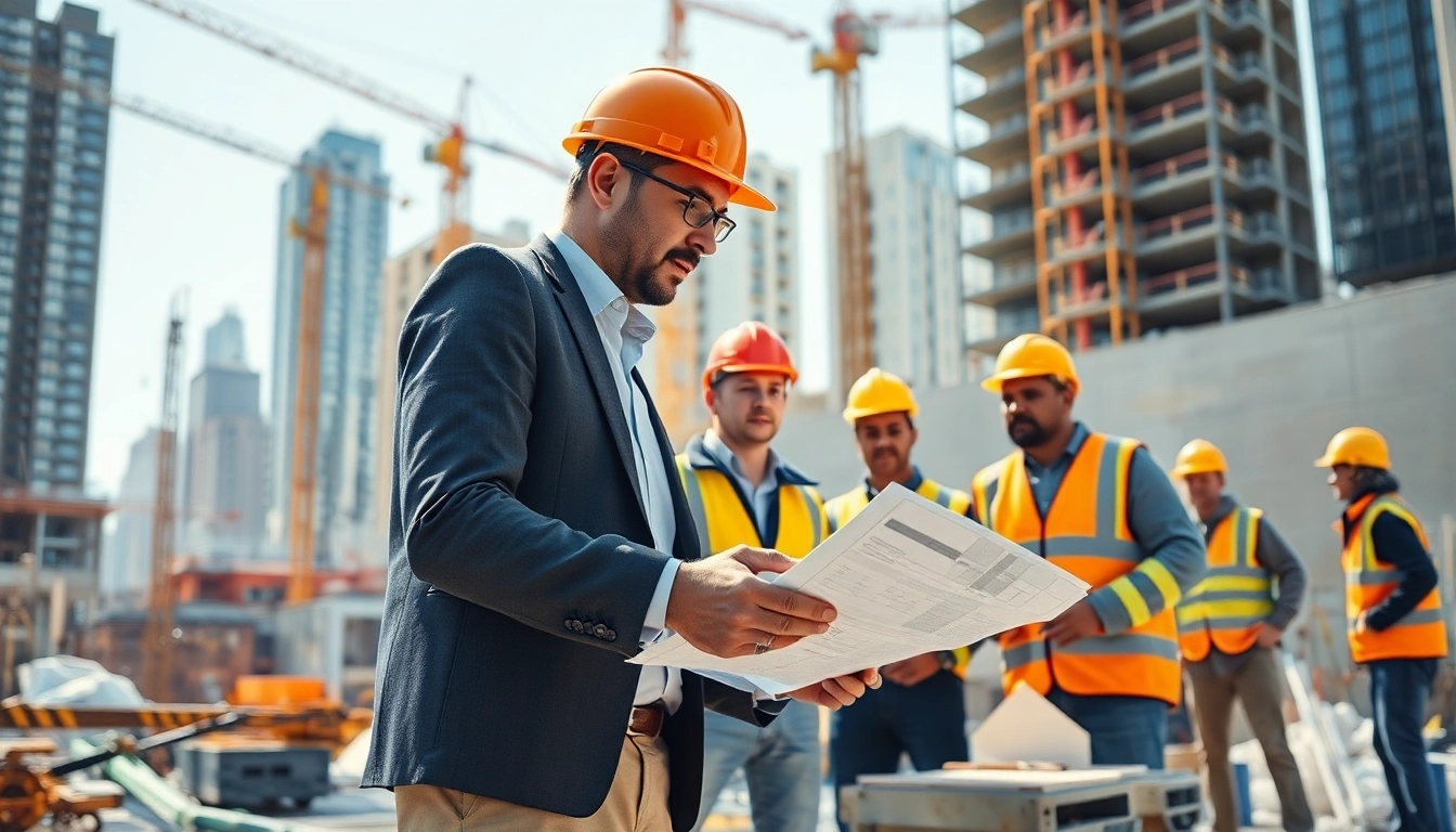 New York City General Contractor on a vibrant construction site, engaging with plans and overseeing a skilled team.