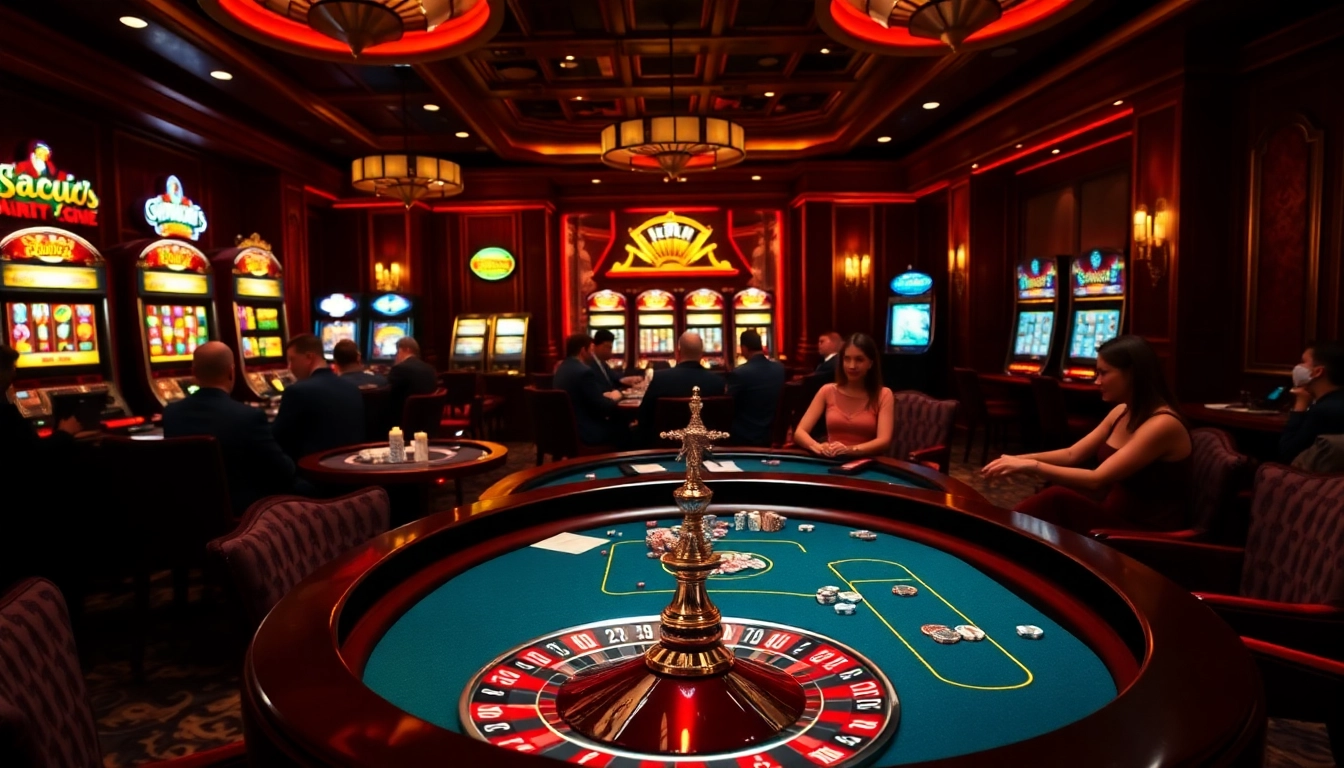 SODO Casino players enjoying intense poker action surrounded by vibrant slot machines.