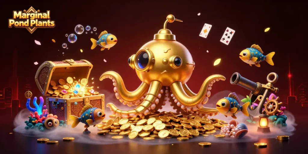 Experience Marginal Pond Plants in an underwater casino adventure with a 3D golden kraken surrounded by treasures.