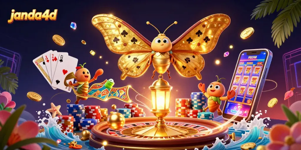 Mainkan janda4d dengan semua elemen kasino pada ilustrasi 3D yang kaya detail.