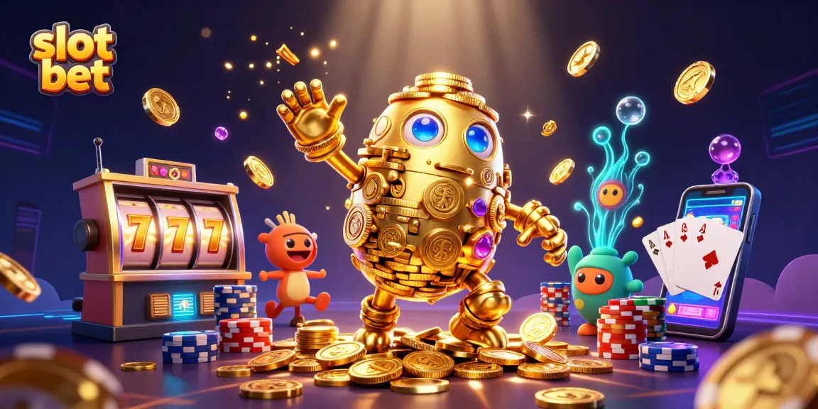 Slot bet dan simbol mesin slot keemasan melayang di tengah tumpukan koin emas yang bersinar