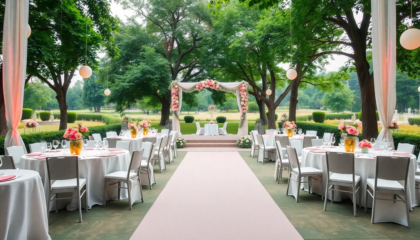 Veranstaltungsort mit eleganter Dekoration im Freien und festlicher Atmosphäre.