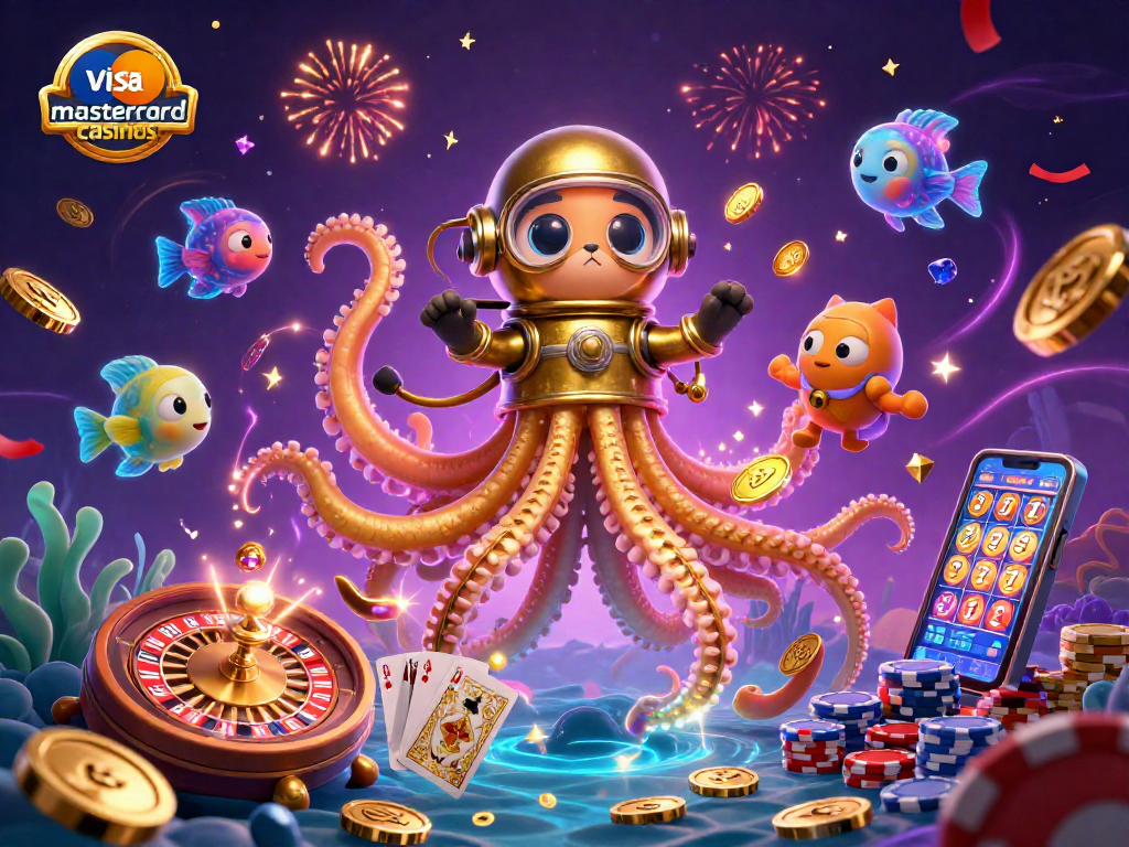 Play at visa & mastercard casinos with a vibrant 3D scene featuring a kraken, diving cat, and slot reels.