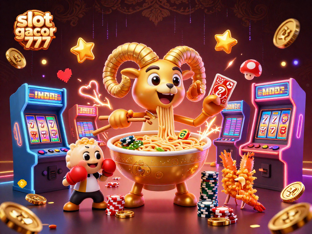 Engage with slot gacor 777 in a vibrant, dynamic casino setup featuring unique characters and game elements.