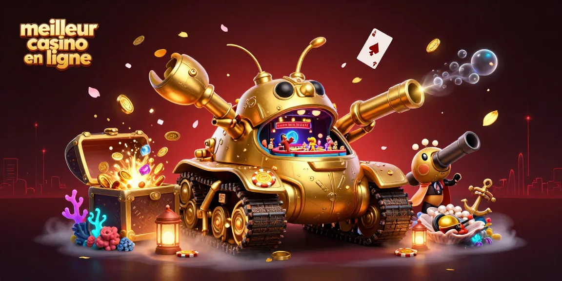Meilleur casino en ligne avec une illustration 3D d'un tank doré révélant un casino miniature.