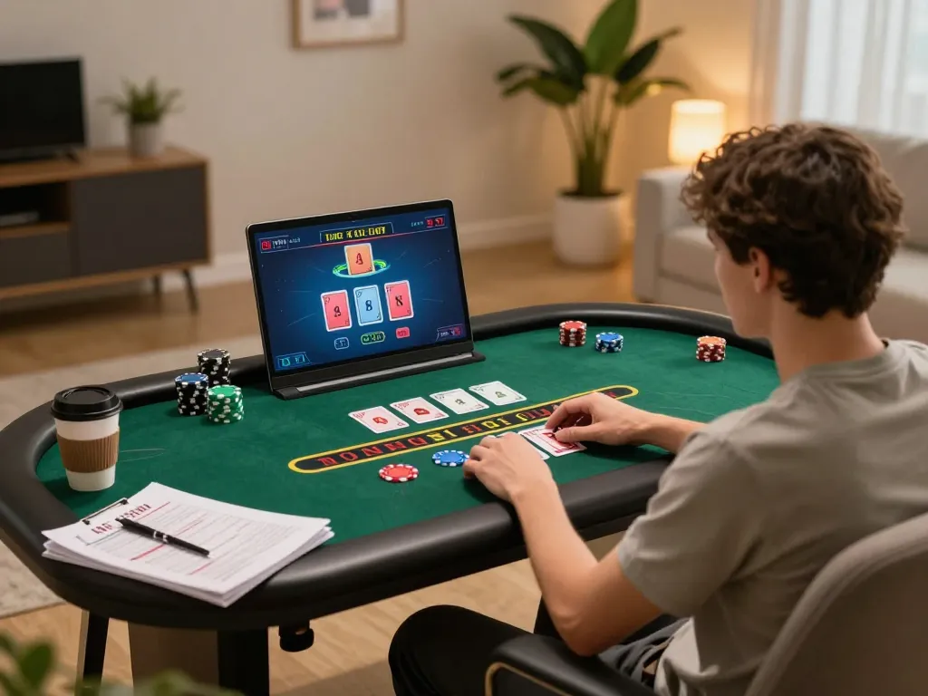 A player engaged in G28 online blackjack, showcasing strategic gameplay in a cozy home setup.