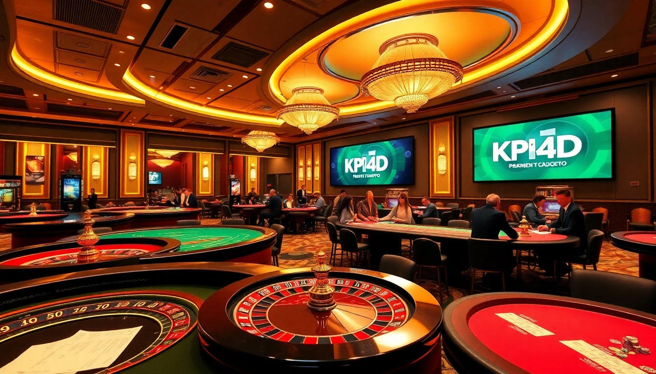 KPI4D logo showcased in a luxurious casino with players at poker and roulette tables.