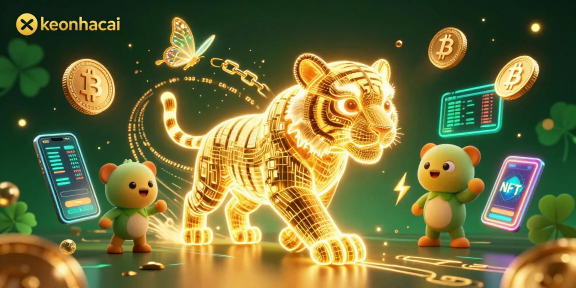 Experience keonhacai's thrilling gambling action in a dynamic digital casino with glowing crypto elements.