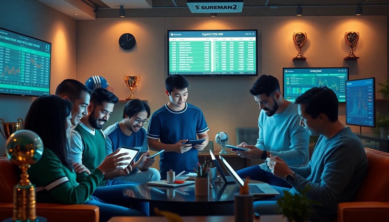 Engaged users on the Sureman2 platform analyzing sports data for safe betting.