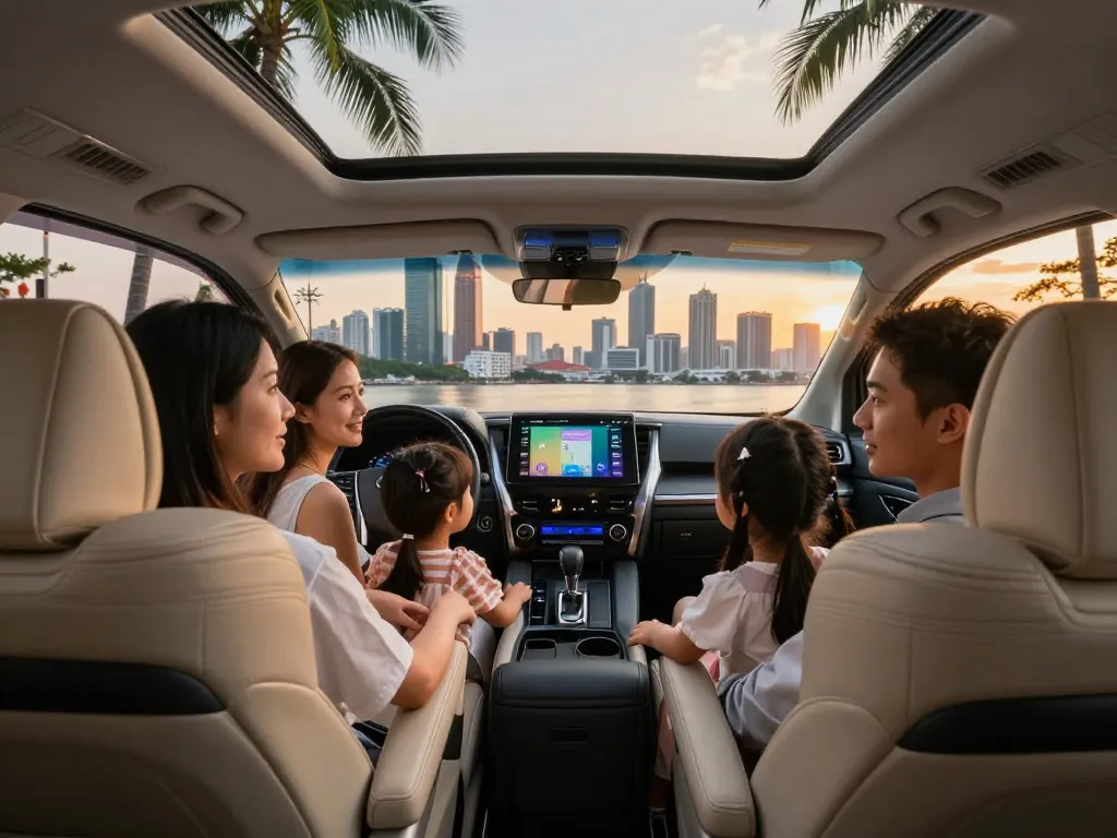 Thưởng thức chuyến du lịch sang trọng trong một chiếc Toyota Alphard với khung cảnh thành phố, hoàn hảo cho việc cho thuê xe Toyota Alphard.