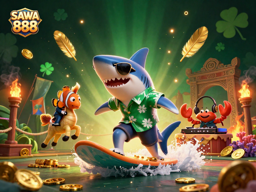 Experience thrilling gameplay at SAWA 888 with vibrant characters surfing on gold coins amidst a dynamic casino scene.
