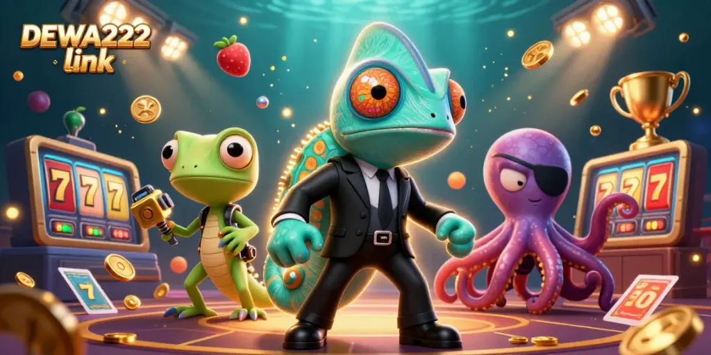 Play and win big with the DEWA222 link showcasing vibrant slot reels and dynamic characters.