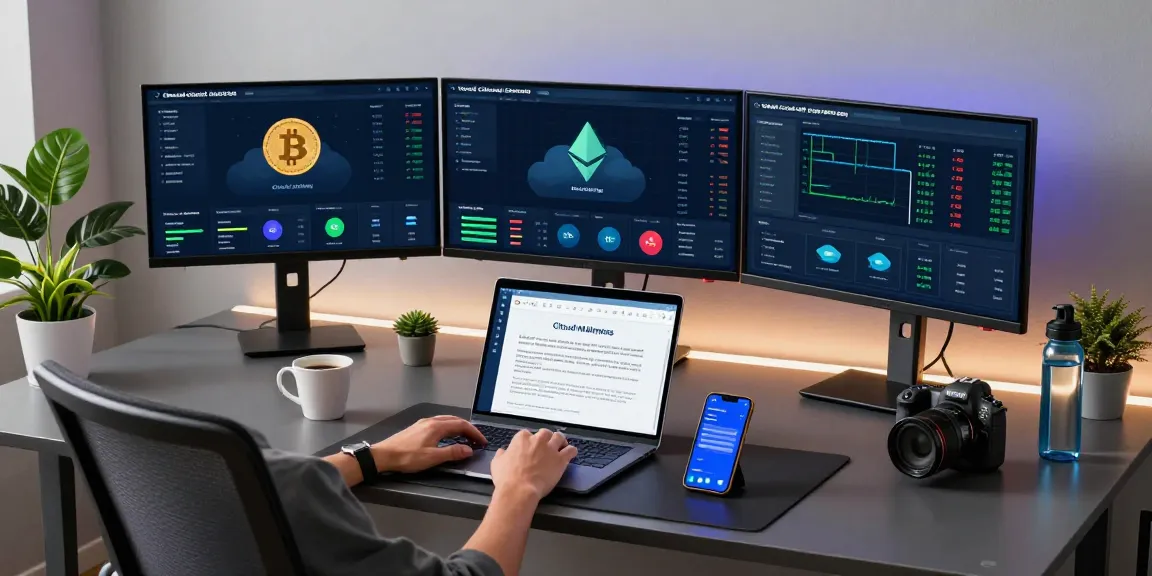 Start cloud mining today with a professional cryptocurrency setup featuring multiple monitors displaying Bitcoin charts, a digital wallet, and cloud mining dashboards.