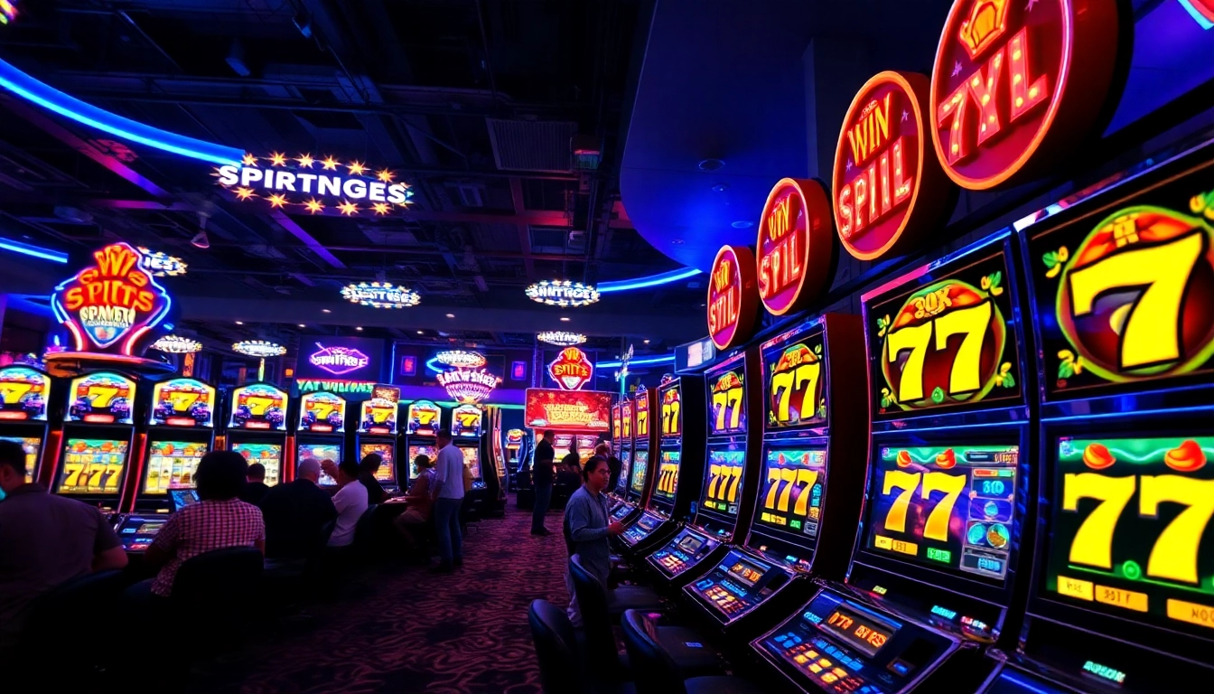Mesin slot 777 berwarna cerah dengan pemain bersemangat di kasino yang ramai.