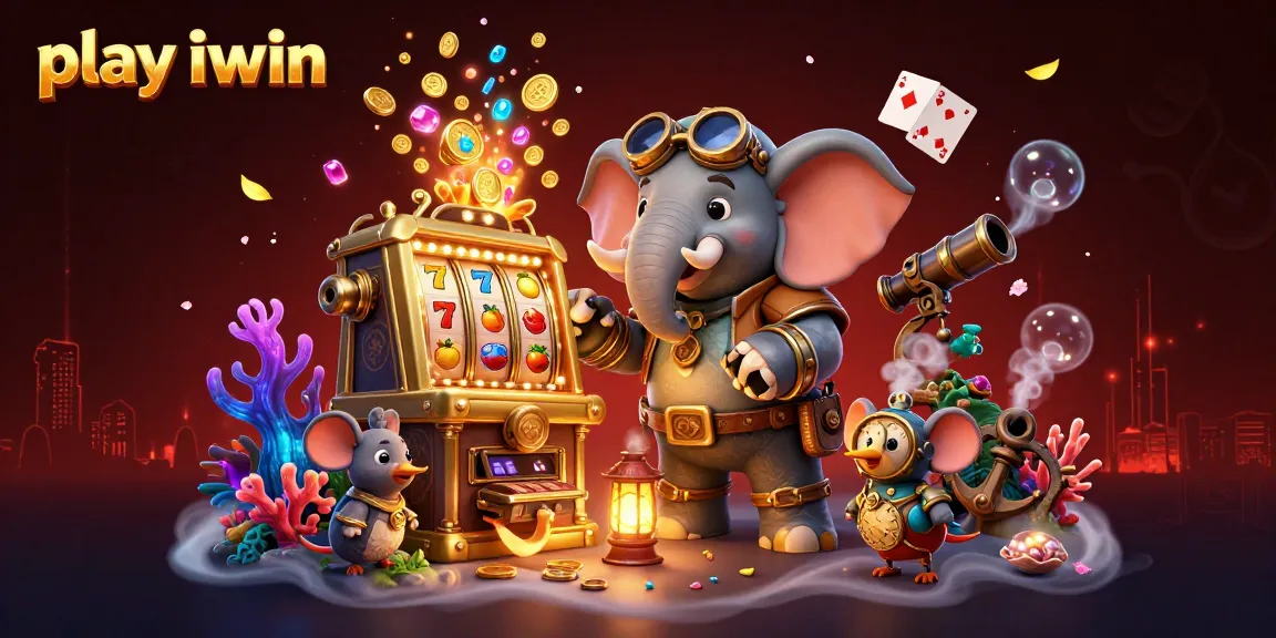 Play iwin with vibrant, animated 3D characters spinning a golden slot machine with treasure.