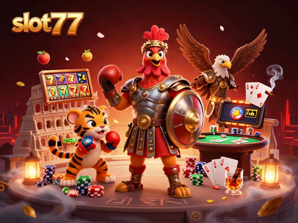 Menangkan permainan slot777 dengan simbol keberuntungan dan elemen kasino di arena pertarungan.