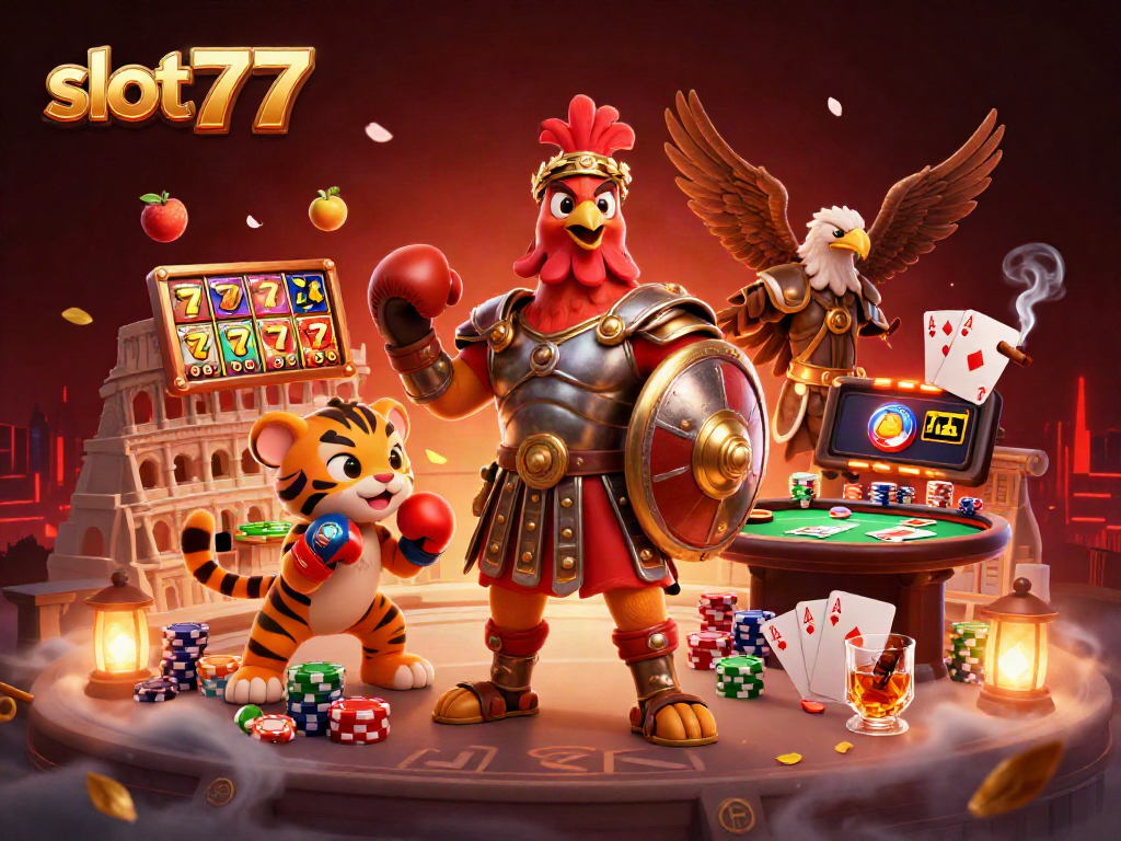 Menangkan permainan slot777 dengan simbol keberuntungan dan elemen kasino di arena pertarungan.