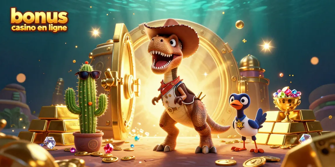 Visualisez un événement de casino populaire avec le motif bonus casino en ligne, mettant en scène un dinosaure cow-boy et des trésors.
