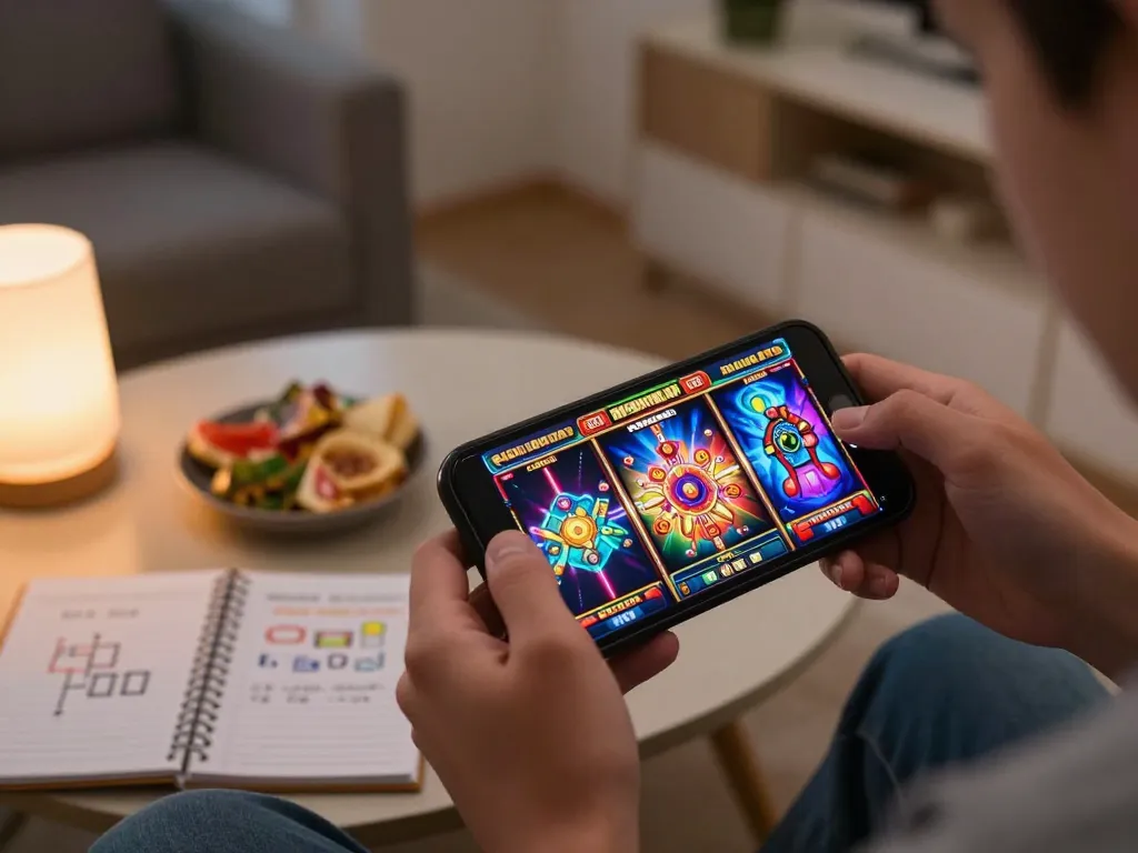 Experience slot gacor gampang menang in a vibrant online gaming environment with a smartphone and strategic notes.